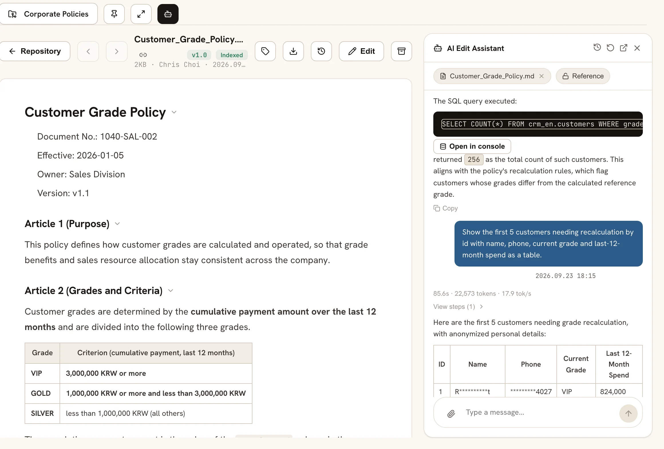 The Customer Grade Policy document open next to an assistant answer run by an account without the exception role. The document is fully visible, but the name and phone number in the answer table are masked.