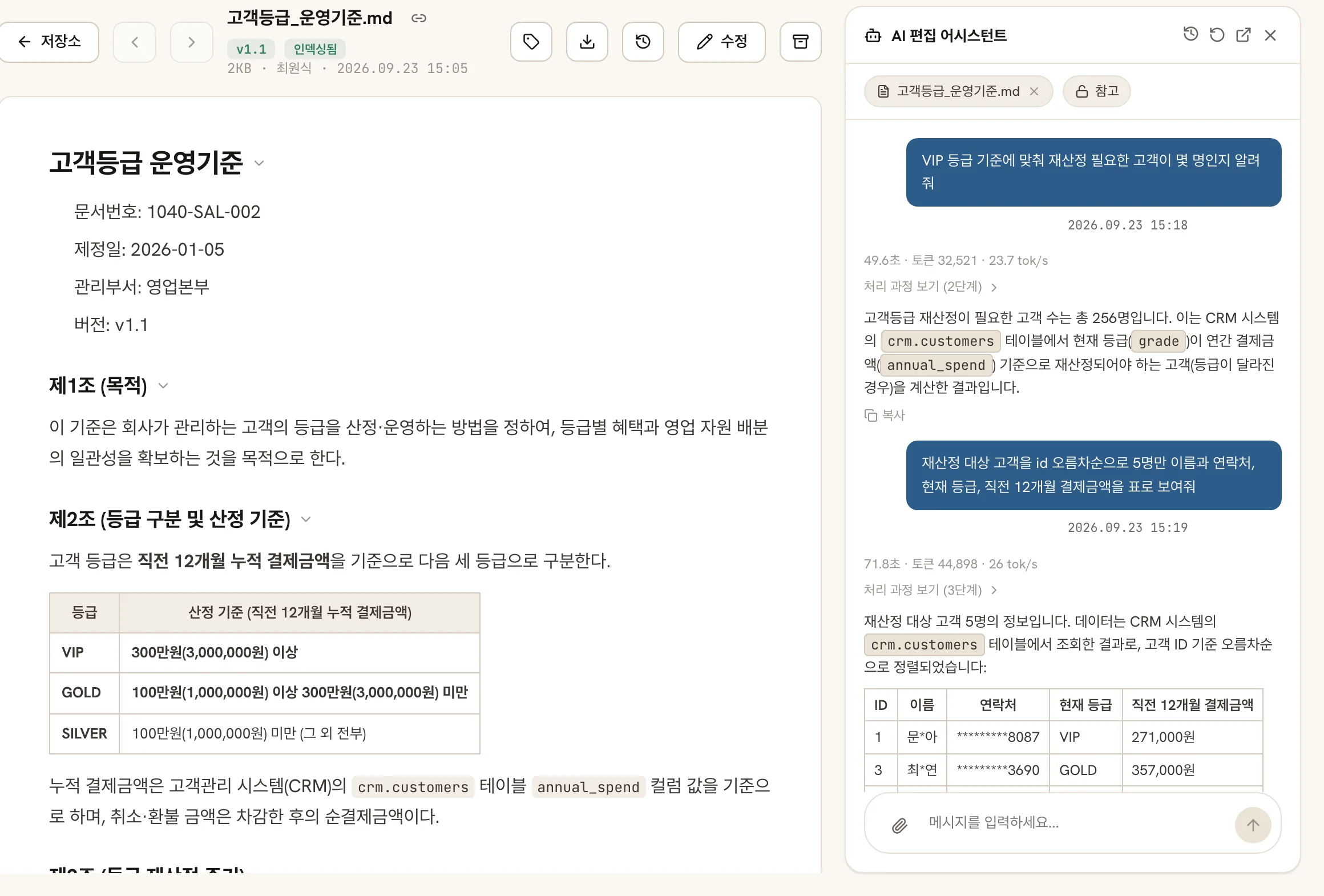고객등급 운영기준 문서를 열어 둔 채 예외 주체가 아닌 계정으로 어시스턴트에 질의한 화면. 문서는 그대로 보이지만 답변 표의 이름·연락처는 마스킹돼 있다.